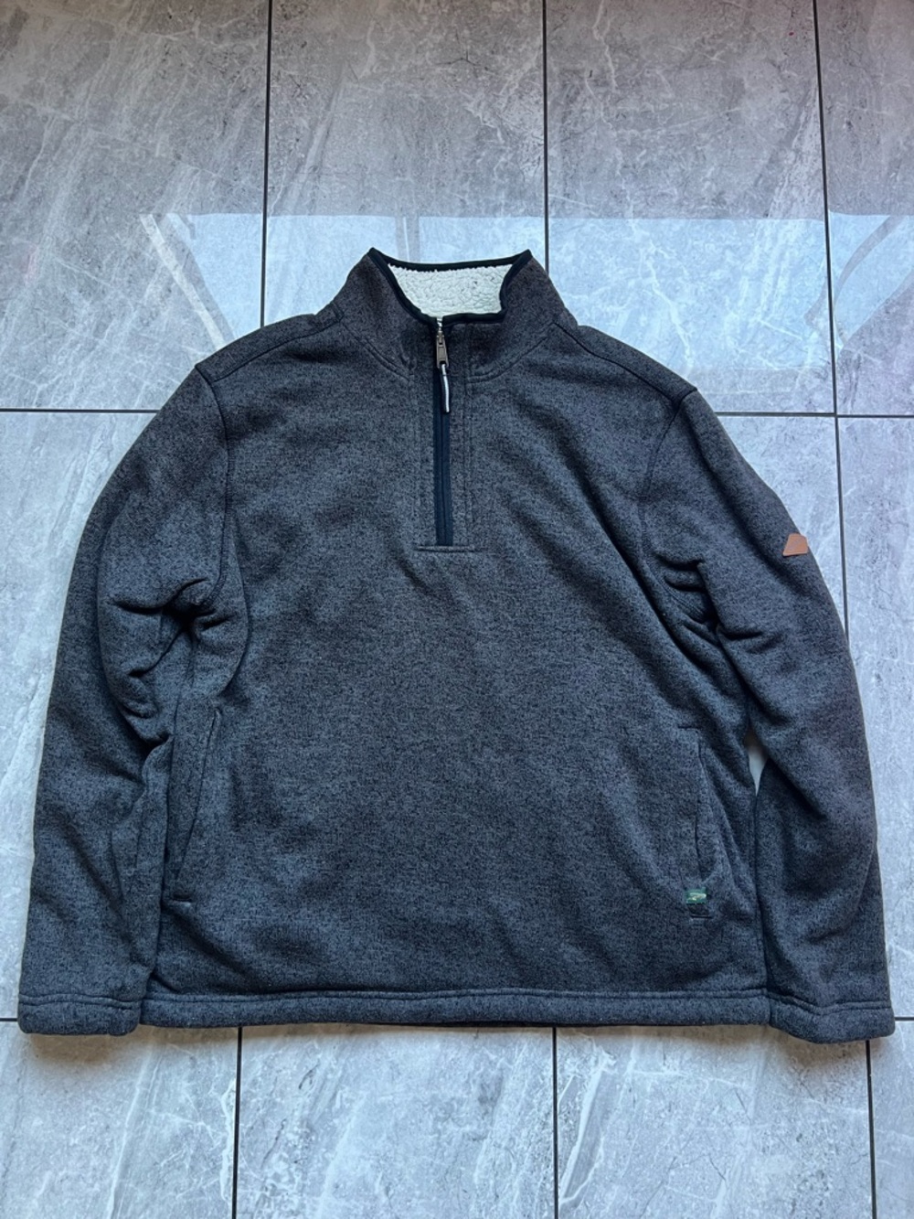 Orvis Men's Gray 1/4 Zip Sherpa-Lined Fleece Sweater Logo Pockets 100% Poly L